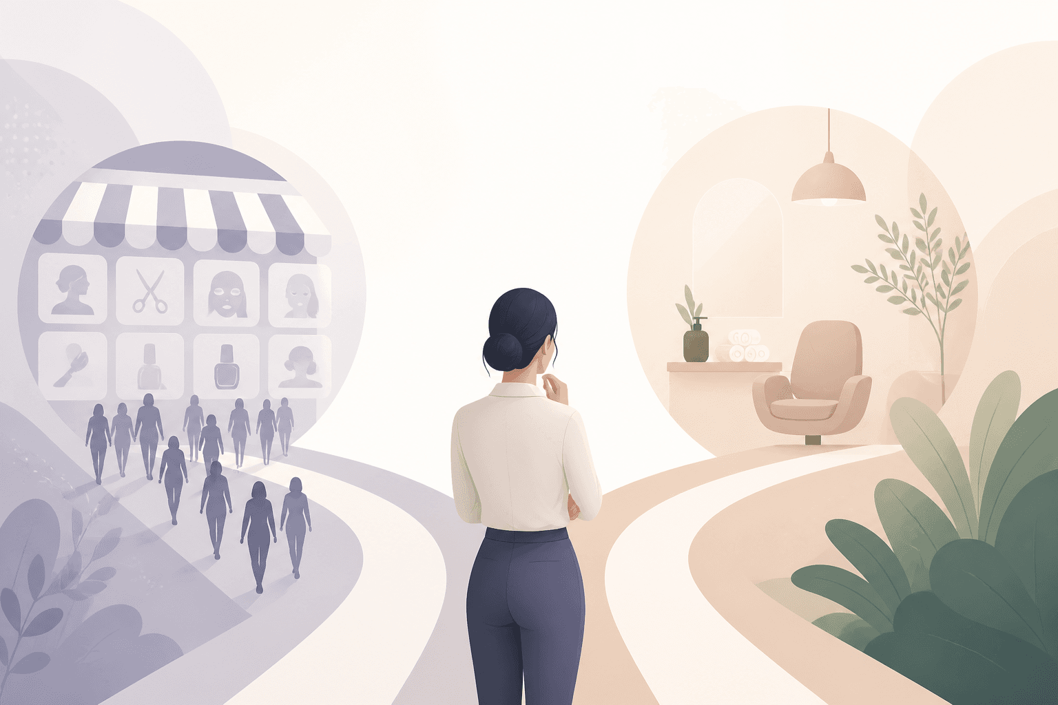 Illustration for an article about salon marketplace vs own booking system