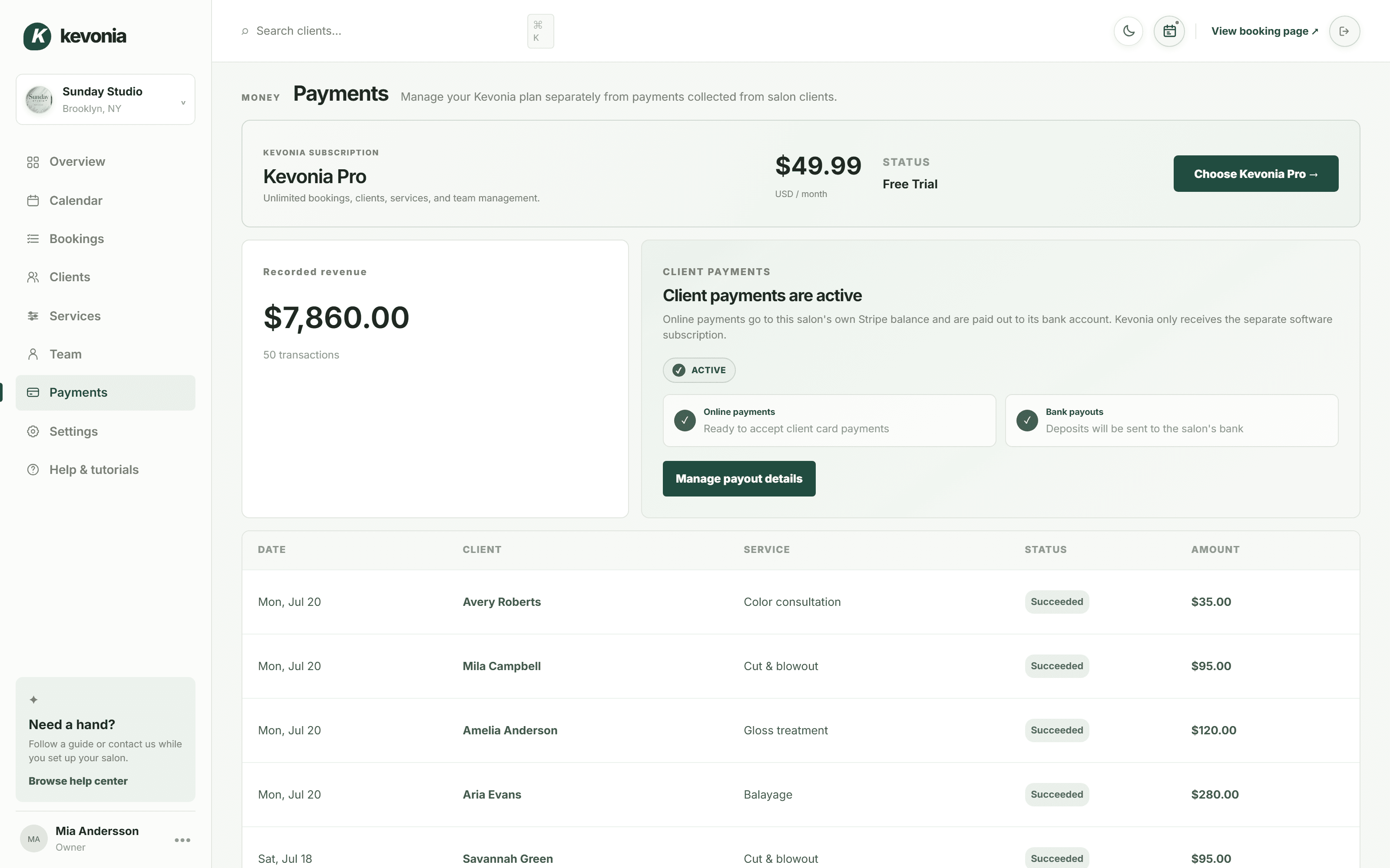 Kevonia payments page showing revenue and payouts