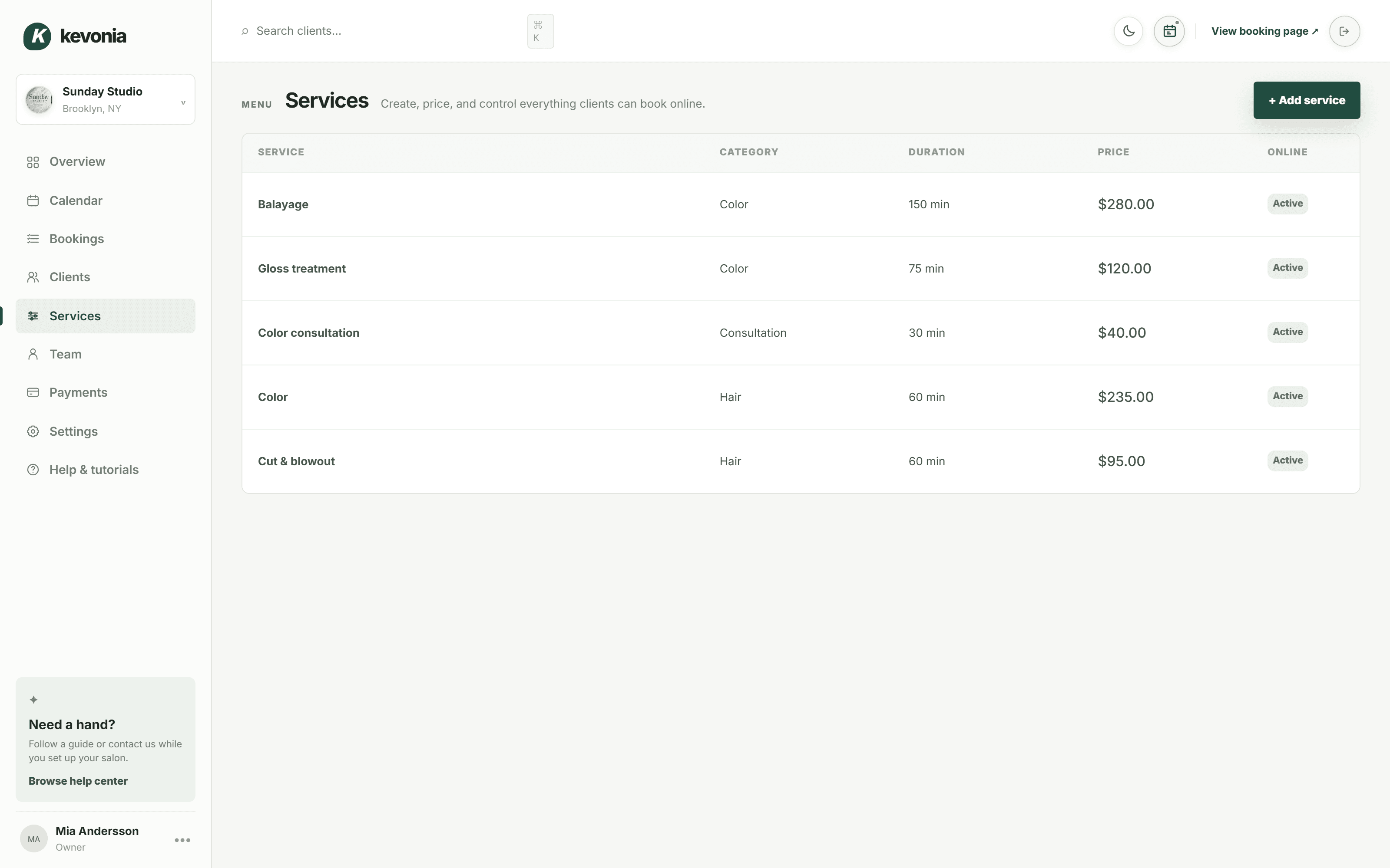 Kevonia services page with prices
