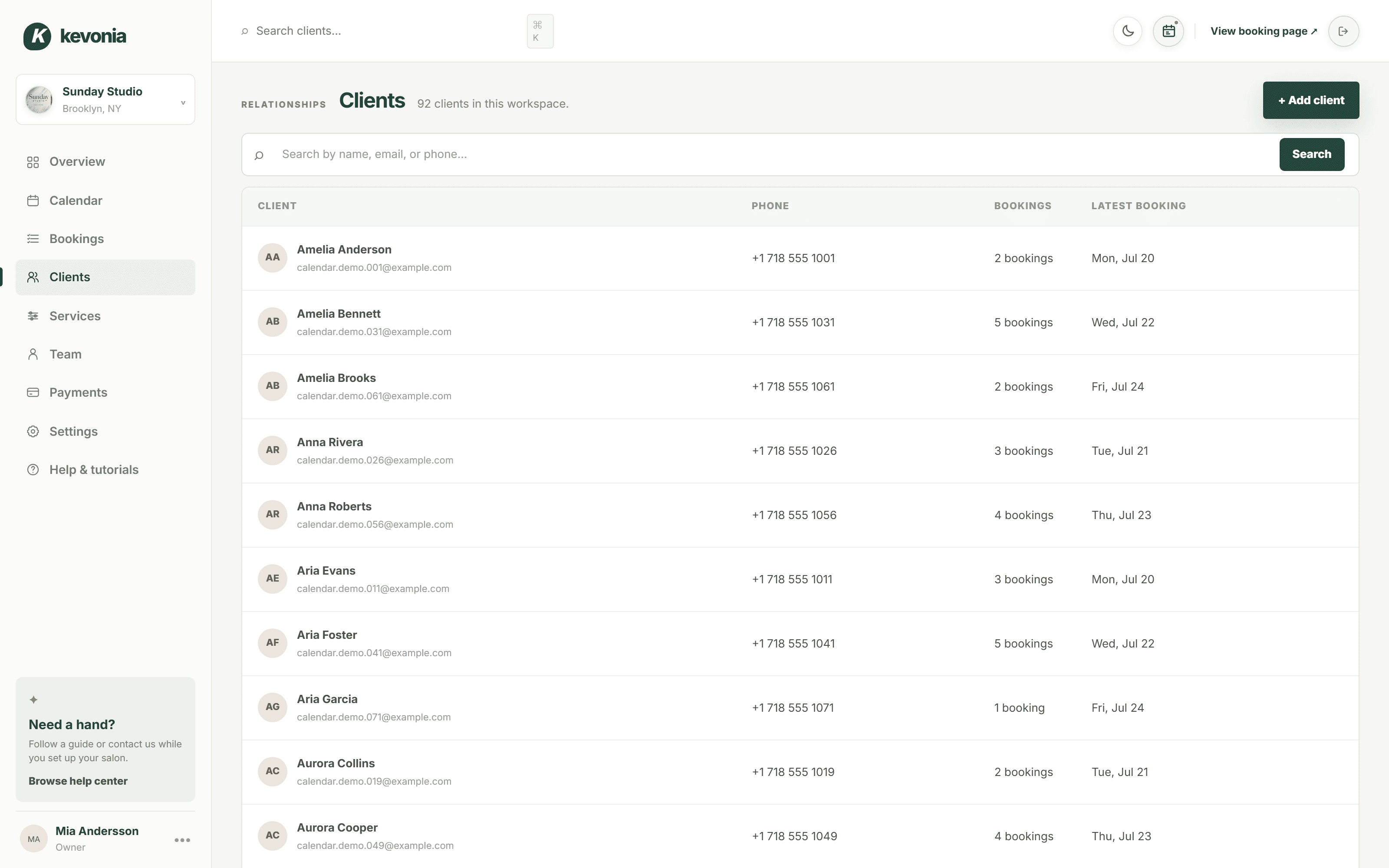 Searchable salon client management screen in Kevonia showing notes and visit history