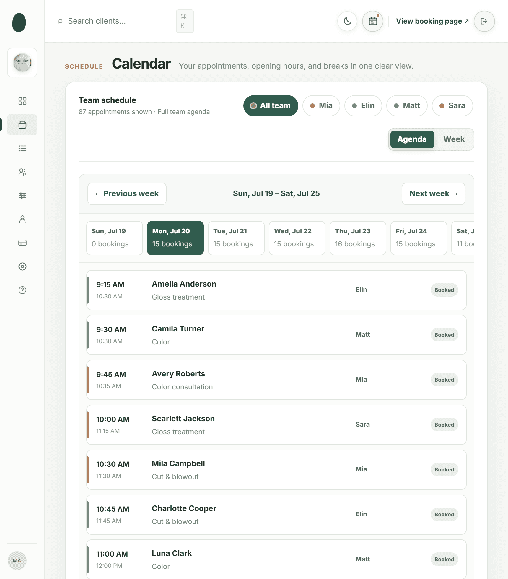 Kevonia calendar screen in the salon management dashboard