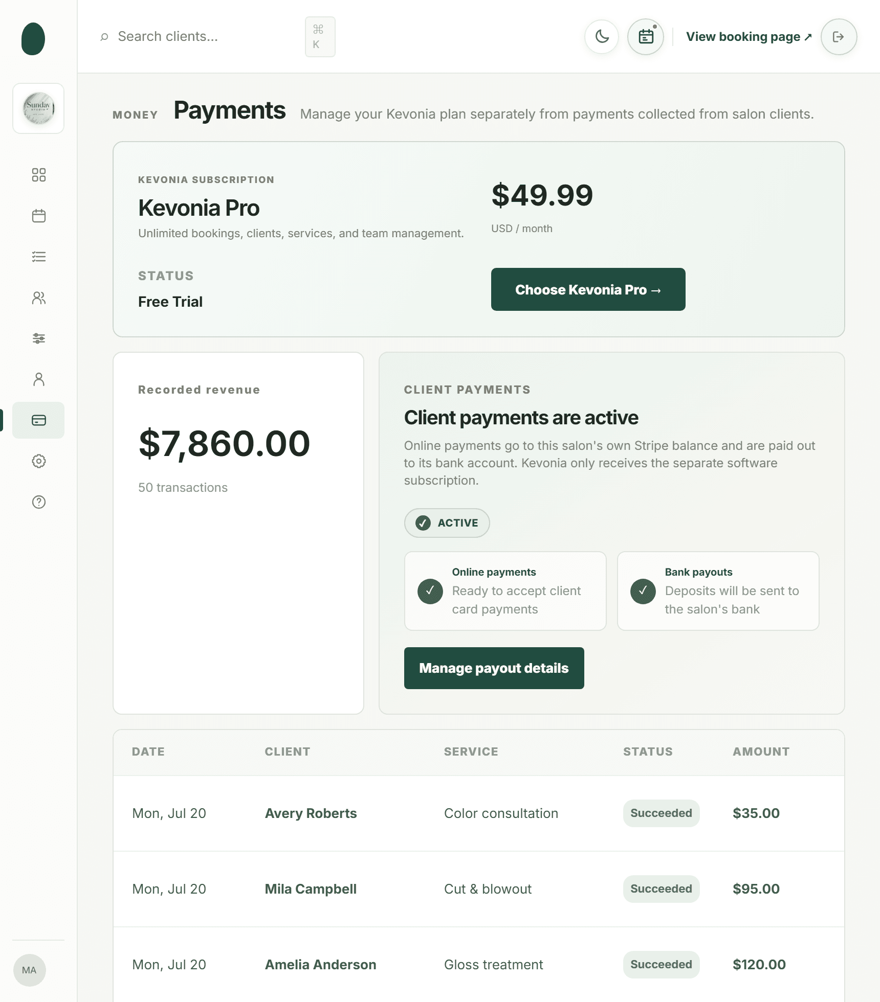 Kevonia payments screen in the salon management dashboard
