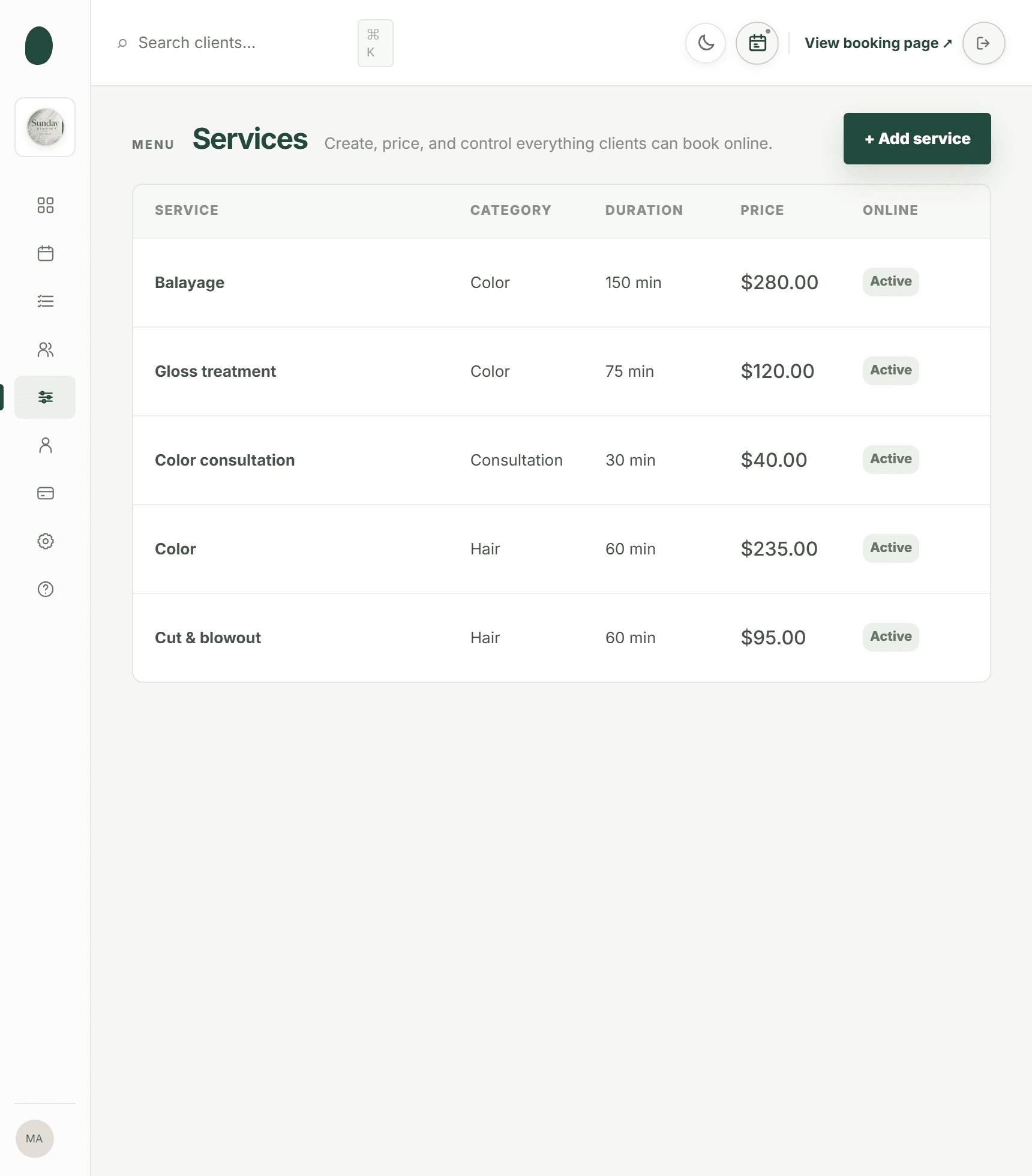 Kevonia services screen in the salon management dashboard